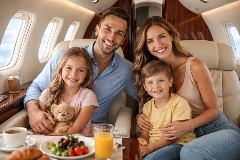 Family traveling in luxury jet