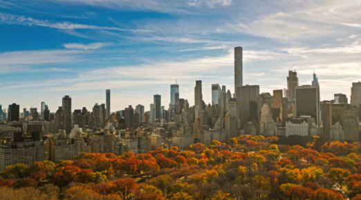 Autumn Fall. Autumnal Central Park view from drone. Aerial of NY City Manhattan Central Park panorama in Autumn. Autumn in Central Park. Autumn NYC. Central Park Fall Colors of foliage.