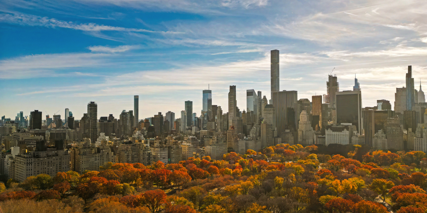 Autumn Fall. Autumnal Central Park view from drone. Aerial of NY City Manhattan Central Park panorama in Autumn. Autumn in Central Park. Autumn NYC. Central Park Fall Colors of foliage.