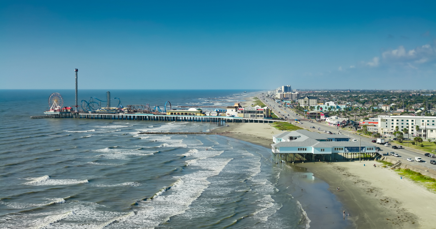 Aerial View of Galveston Island Pier and Beachfront During the Day