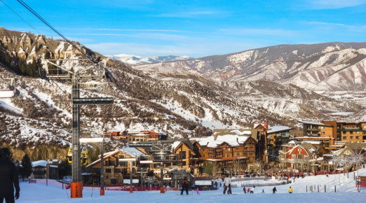 View of base village of Colorado, USA, ski resort on nice winter day