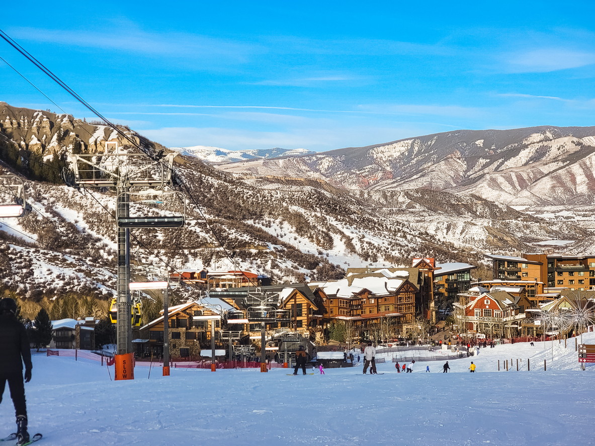 View of base village of Colorado, USA, ski resort on nice winter day