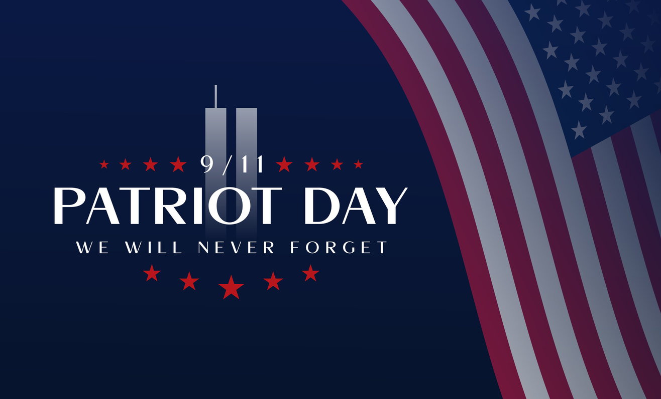 Patriot Day, 9/11 poster, card. We will never forget. Vector